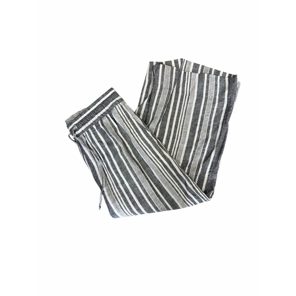 Banana Republic Linen Blend Wide Leg Crop Pants XS Black White Stripe Coastal